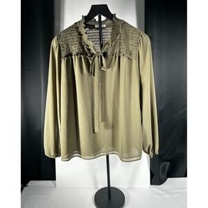 Pleione Olive Green Smocked Yoke Tie Neck Blouse Womens Medium Flowy Top